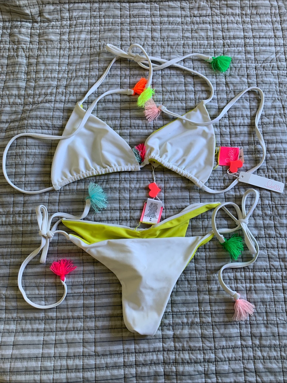 Reversible White/Neon Yellow Triangle Bikini with Tassels